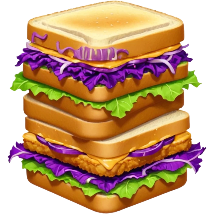 Spicy stacked chicken sandwich — two thick golden toast slices, a crispy breaded chicken fillet, green lettuce, and purple cabbage slaw, with glossy dark sauce dripping down the sides. emoji