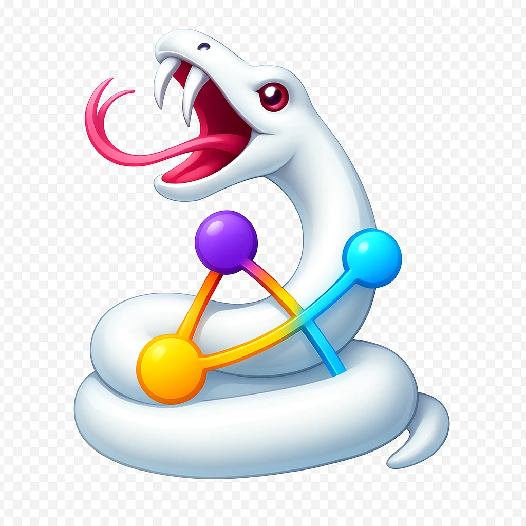 Transform the image into a 3D, colorful logo featuring a white snake forming a network. Use vibrant colors and make it shiny and dimensional, inspired by the reference image. emoji