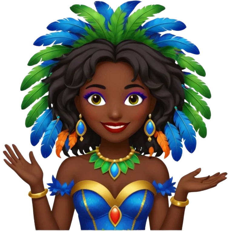 i need the same girl in "dark skin girl, dark red lipstick, nails very beautiful" to be smiling in "carnival mas costume, blue, green and orange preferably, full costume feathers at the back" she is to be smiling, hair should be dark shoulder length, black nail polish on her fingers  emoji