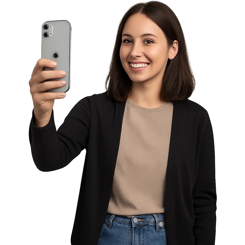 a woman taking a picture with an iPhone, clear view of the phone, casual pose, modern clothing, friendly expression emoji
