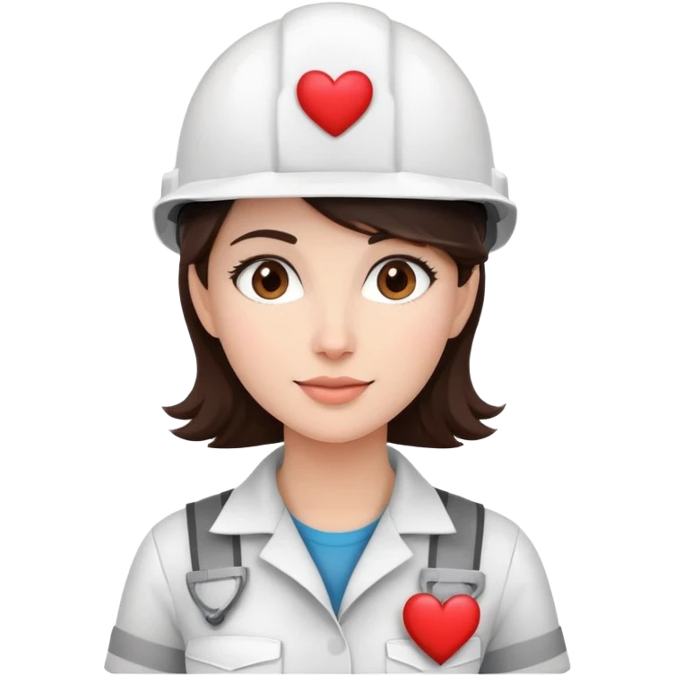 Mujer ingeniera con casco blanco, de piel clara y cabello castaño oscuro, y unos corazones al rededor  emoji