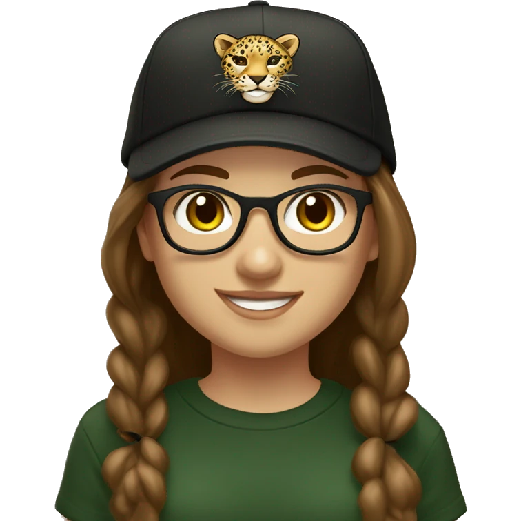 Slavic girl, light skin, smiling with teeth, round brown eyes, leopard frame glasses, long brown straight hair, black T-shirt, dark green cap, badge ribbon. emoji