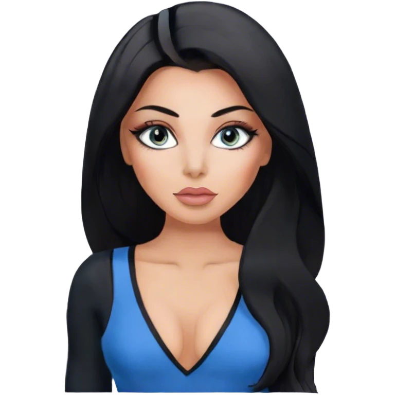 Glamours, tanned, very beautiful girl, with big pump peach-beige-rose lips, eyeliner, long lashes, black straight smooth silky long hair, straight parting hair, blue-grey eyes in black v-neck bodysuit emoji
