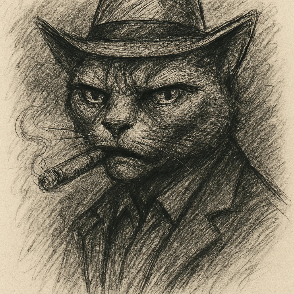 Make the cigar lit and the cat smoking with visible smoke in pencil sketch style. emoji