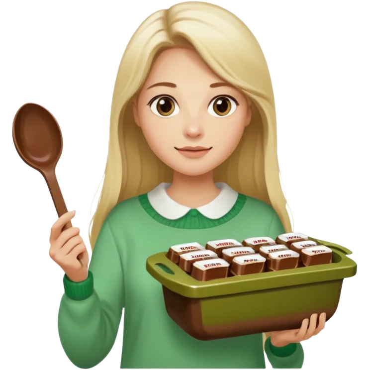 Blond woman with white and green pullover holds in one hand a big carriage of Nutella and in the other hand a oversized spoon which is in the carriage of Nutella. Her hair is long. And the Nutella jar is very big emoji