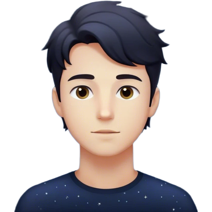 Each particle represents his personal universe. He reaches out with hand', touching one, knowing that everything he does stays in this space forever. universe around him. A young man in a vast, dark starry universe, surrounded by floating particles of light space.  emoji