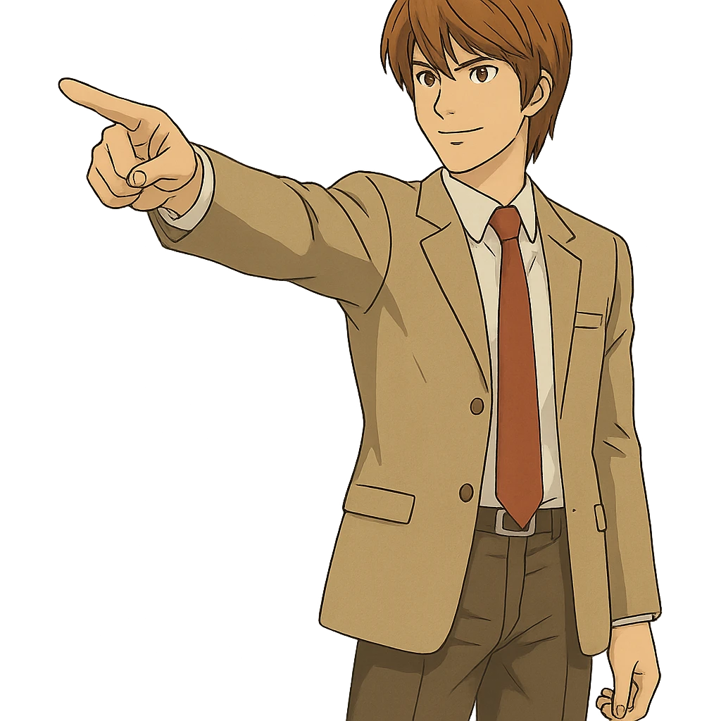 Create an exact Light Yagami in Ghibli style, standing with one hand pointing forward, wearing the same suit, with the same confident expression, transparent background. emoji