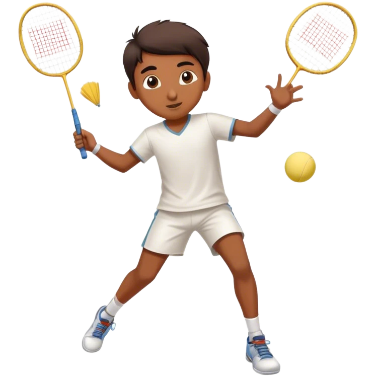 an indian kid, male, between 8-12 playing badminton and making a great shot emoji