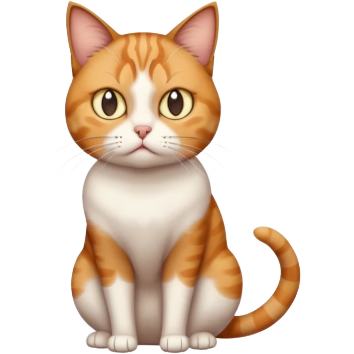 full body white, ginger and brown tabby calico cat with skinny head and fat body with an anxious face emoji