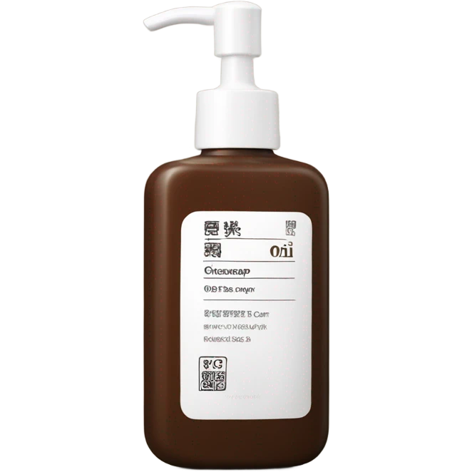 brown oil cleanser bottle with white chinese label and white pump emoji