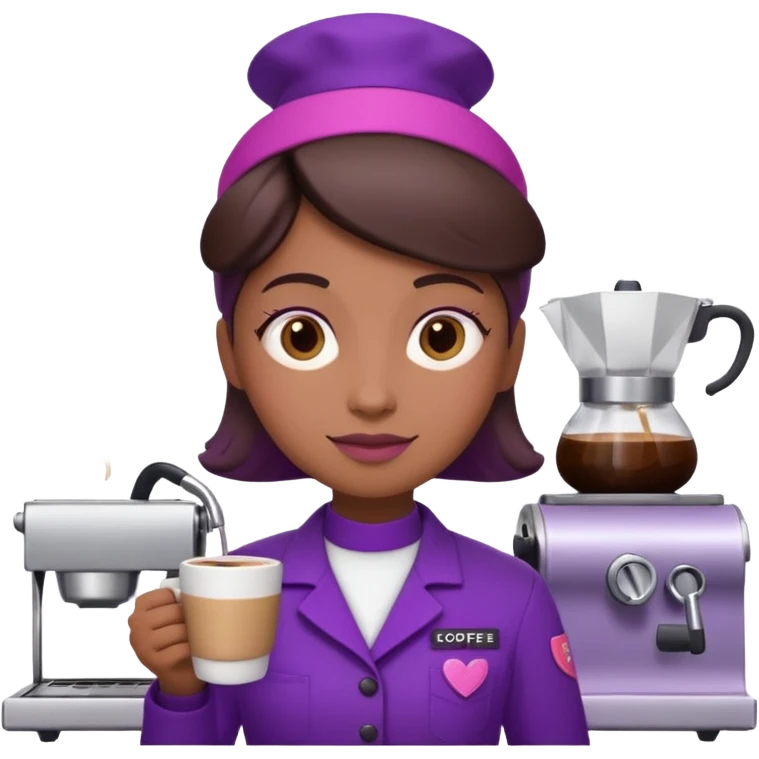 Create 3D minimalist emoji in the style of Coffee Lover — a coffee shop and roastery brand.
Style: cozy, warm.
Colors — purple-pink range.
barista with coffee
on the form it says Coffee Lover emoji