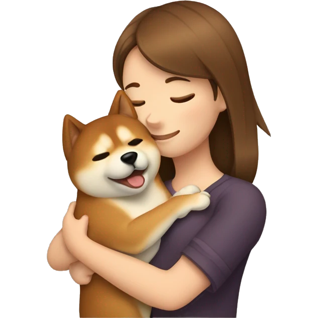 a girl in brown hair hugging Shiba dog emoji