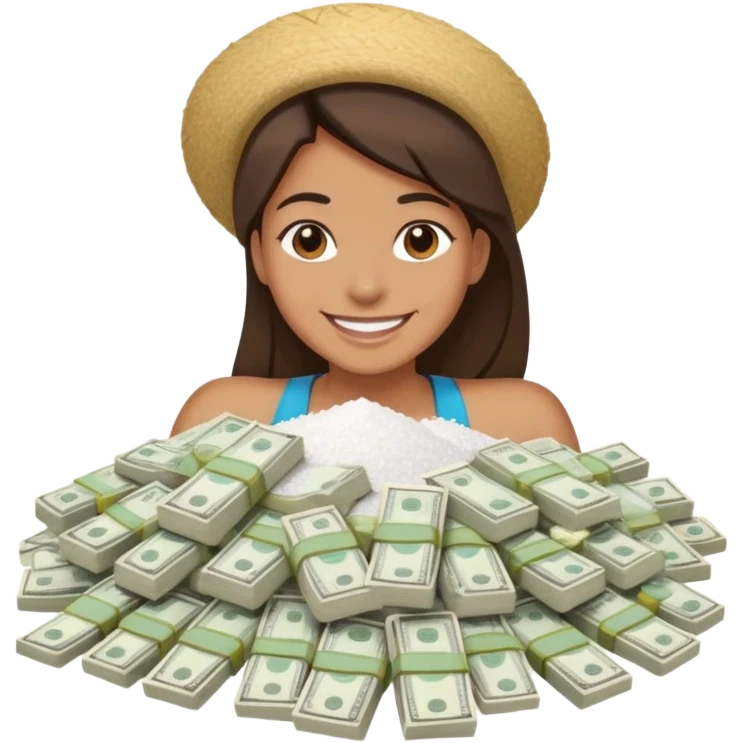 A person smiling with a pile of salt and cash next to them emoji