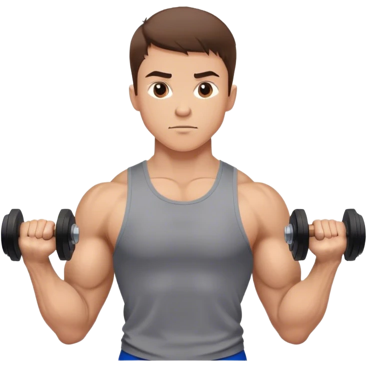 Emoji: A muscular young man with short brown hair, lifting dumbbells or performing a strong workout pose. He wears sportswear, showing determination and strength. The background is simple but gives off a powerful gym or fitness vibe. emoji