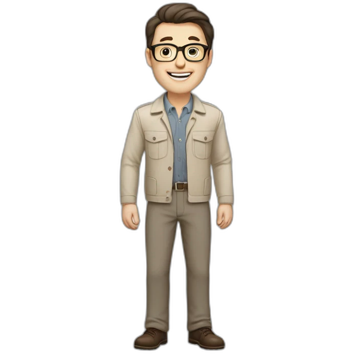 Joyful Full height Pale skinned Fit Man With dark brown hair in gray jacket, beige office shirt, Brown pants and vintage glasses. His thrumbs up emoji