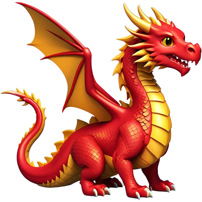 Clash of Clans aesthetic: Cinematic fierce Dragon Emoji, rendered in a 3D vector-style similar to standard emojis with minimal shading and bold, simplified shapes. A compact, isometric dragon with majestic wings and intricately scaled details, softly glowing with a legendary, mythical charm. Simplified yet unmistakably iconic, highly detailed and consistent, glowing with a soft radiant brilliance and high shine. Stylized with a touch of fantastical might and a soft glowing outline, capturing the essence of a mighty dragon with a friendly, playful demeanor! emoji