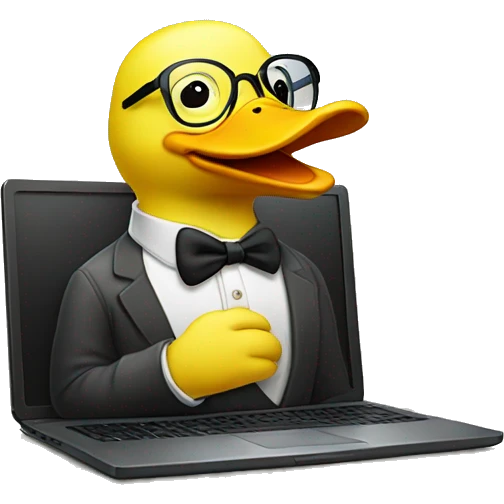 A yellow duck with glasses and writing in a computer emoji
