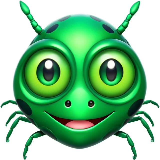 Cinematic Comical Green Bugdie Portrait Emoji, Head tilted dramatically with an exaggeratedly amused expression, featuring a striking, glossy emerald exoskeleton with bold patterns, wide, expressive multifaceted eyes filled with playful disbelief, Simplified yet hilariously expressive features, highly detailed, glowing with a slightly sassy glow, high shine, dramatic yet playful, stylized with an air of cheeky mischief, bright and endearing, soft glowing outline, capturing the essence of a spirited and over-the-top bug, so meme-worthy it feels like it could side-eye its way into internet fame instantly! emoji
