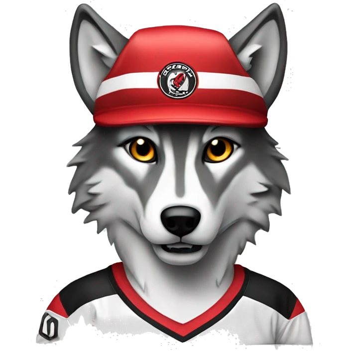 A wolf in a red black and white hockey uniform with a wolf emblem emoji