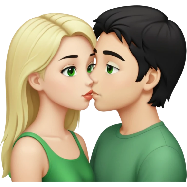 Kissing couple of boy with short black hair and green eyes and blonde girl with long hair emoji