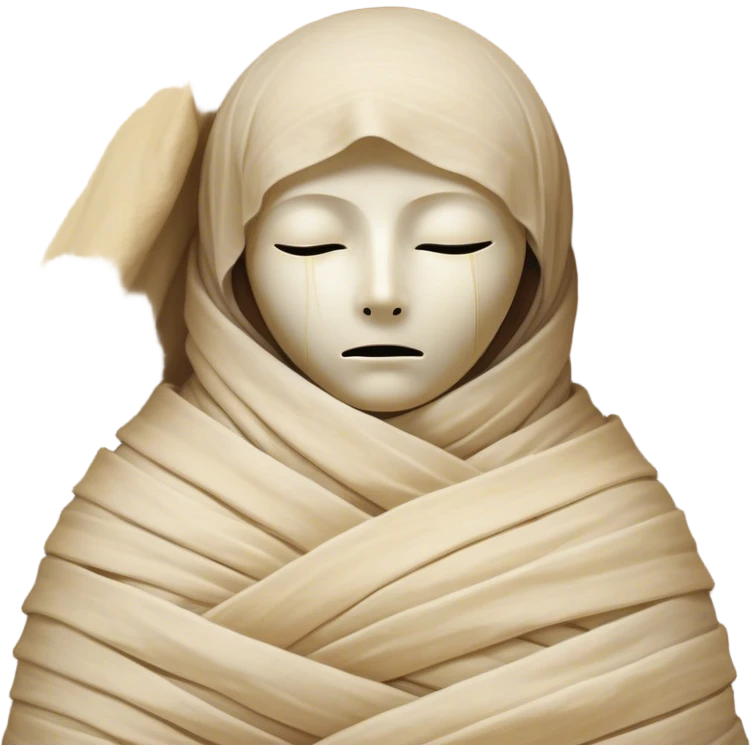 A snug, cozily wrapped mummy, fully encased in soft, slightly loose bandages, even its face gently hidden behind folds with only a tiny glimpse of sleepy eyes, nestled in warm, faded tones with gentle golden accents, simplified yet irresistibly charming, highly detailed with a soft glowing outline capturing the peaceful aura of an ancient being drifting into rest! emoji