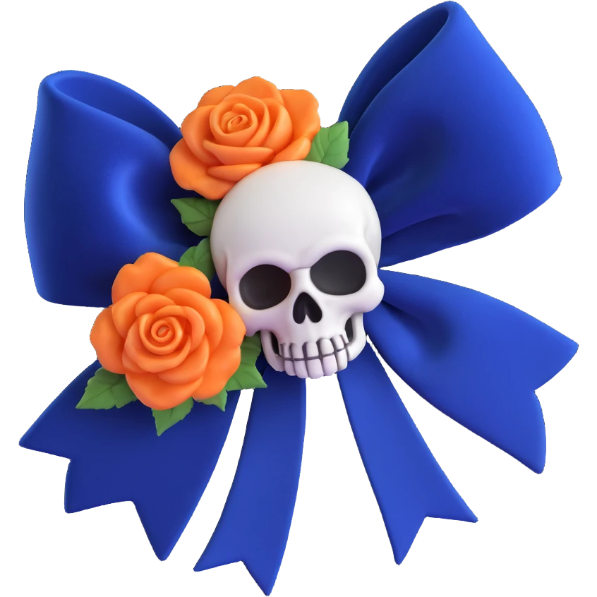 gothic bow with midnight blue velvet, silver skull charm, deep blue rose center, dramatic and gothic emoji