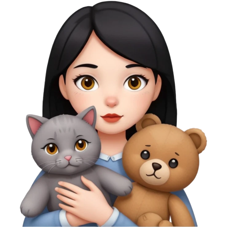 A girl with black eyes, red cheeks, black hair with a white face, holding a British gray cat and a brown teddy bear emoji