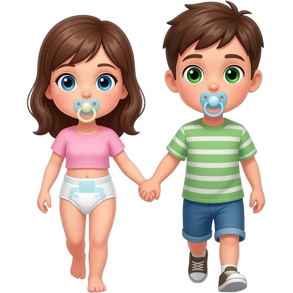 A blue-eyed girl and green-eyed boy walking and holding handsand wearing a cloth diaper sucking on pacifier emoji