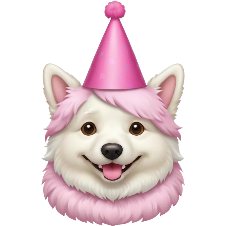 A White belgian dog wearing a  pink party hat.   emoji