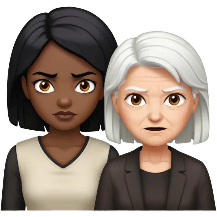 a black-skinned angry girl with black hair next to an older white hairs black lady who smile emoji