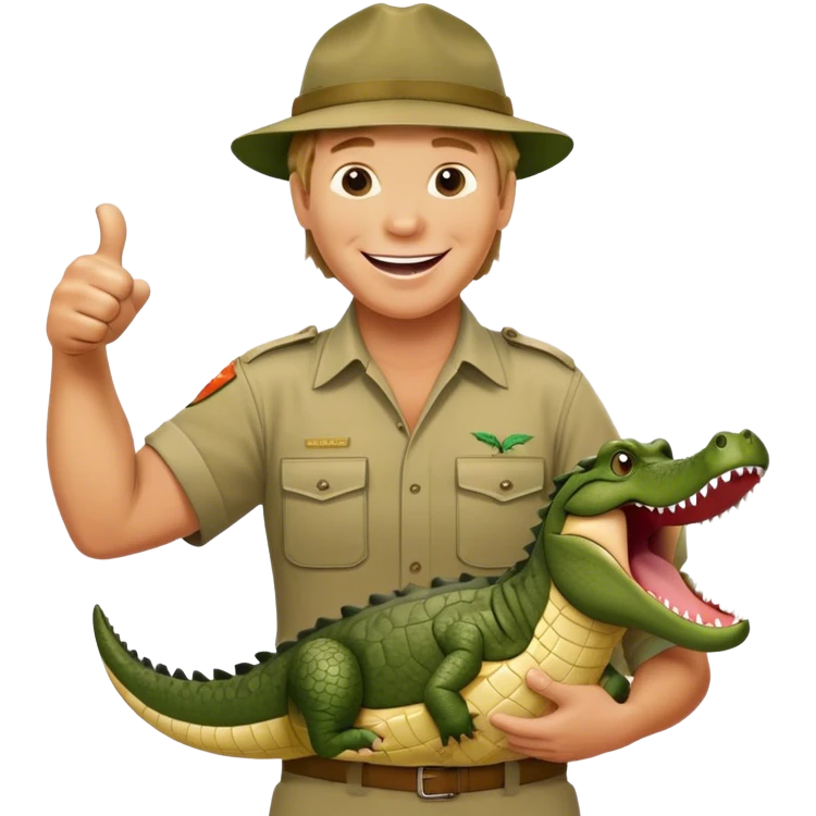 Cinematic Realistic Steve Irwin Portrait Emoji, in his signature khaki attire, holding a crocodile or giving an excited thumbs-up. The scene is lit with vibrant, natural sunlight, emphasizing his adventurous spirit and deep connection to nature. emoji