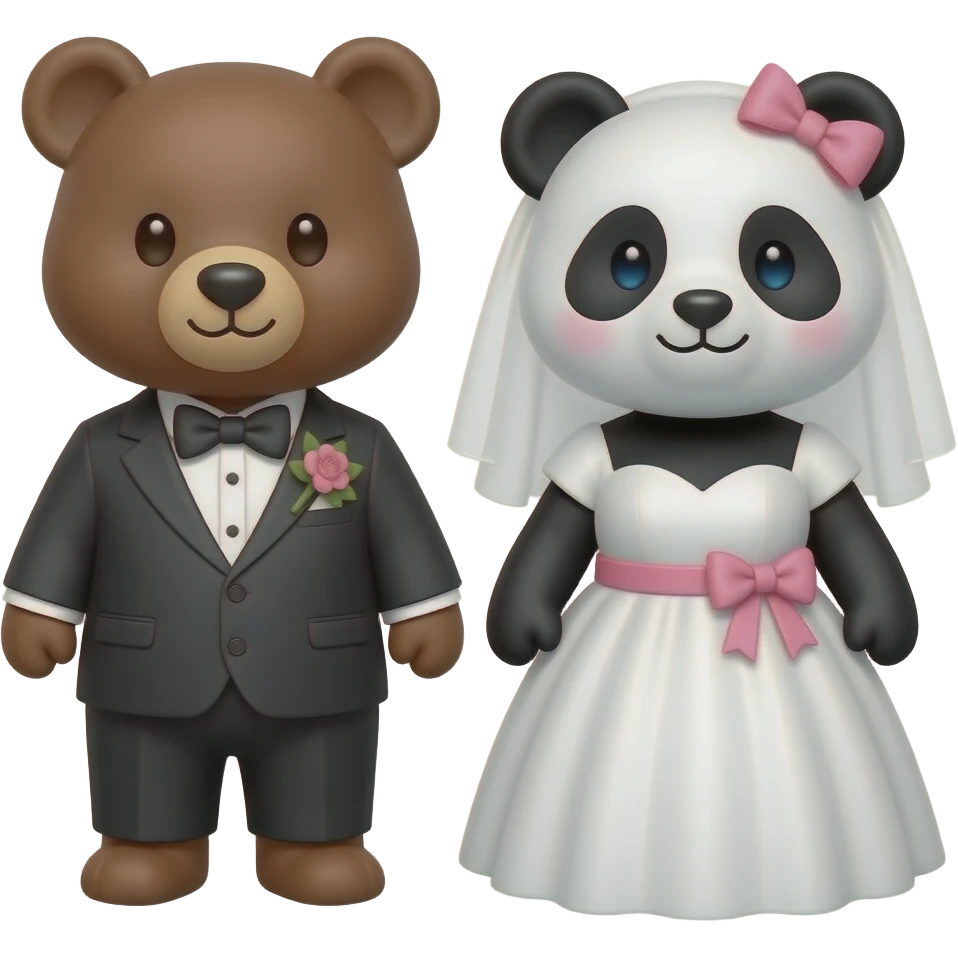 Un oso cafe y una osita panda con su moño rosa, ambos con ropa de boda emoji