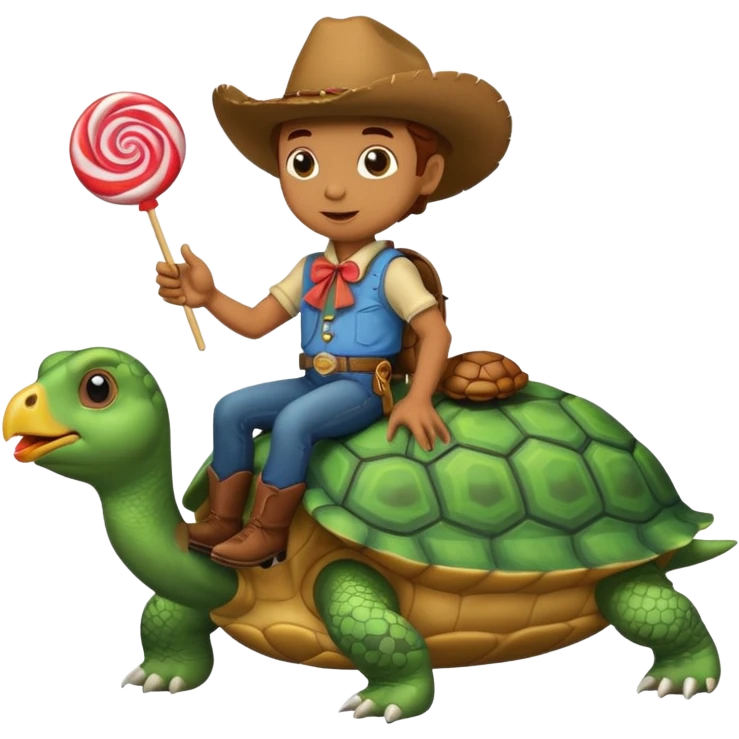 A cowboy chicken riding a turtle and eating a lollipop  emoji
