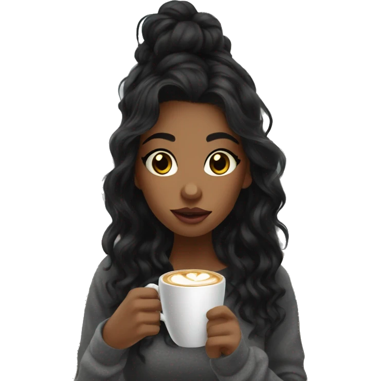 aesthetic girl with black wavy hair sipping coffee in a cute coffee shop  emoji