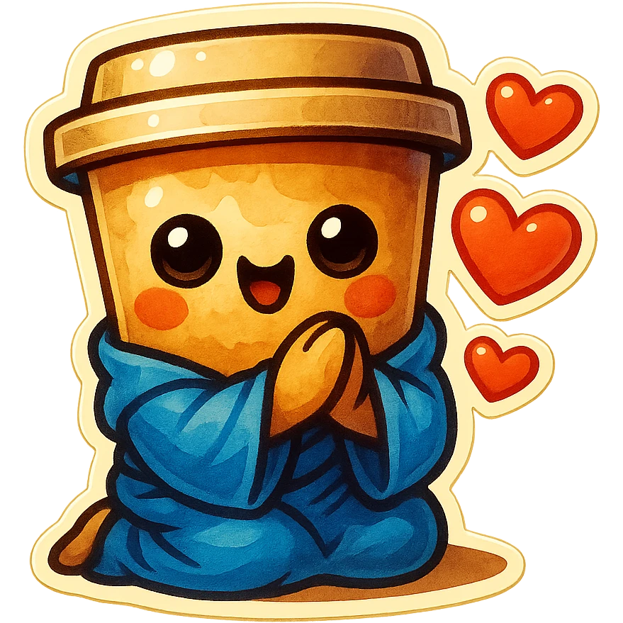 Tall coffee cup, bowing on knees, gushing with love, worship, wearing soft blue monk robes emoji