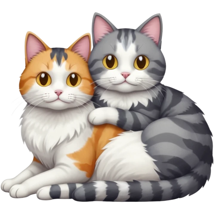 full body colourful light patched calico + white tabby cat cuddling a large grey and white cat  emoji