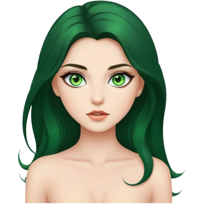 Beautiful girl, unique green eyes, torso, makeup, long dark hair emoji