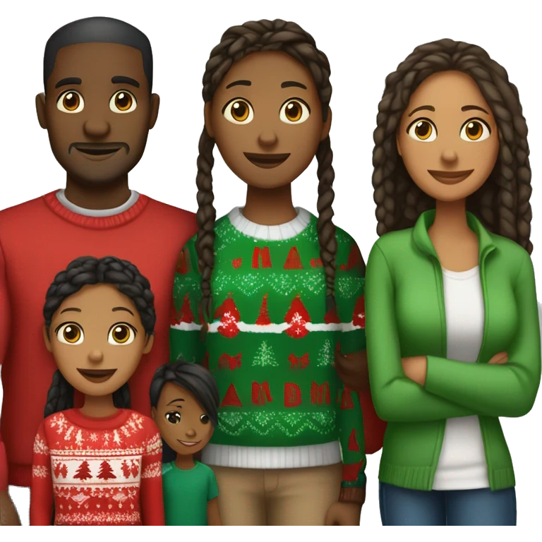Black family of four members with Dad, Mom, Son, and Daughter. The Son and Daughter are teenagers. The Mom has braids. The Dad is light skinned.All family members are wearing Christmas sweaters and Santa hats.  emoji