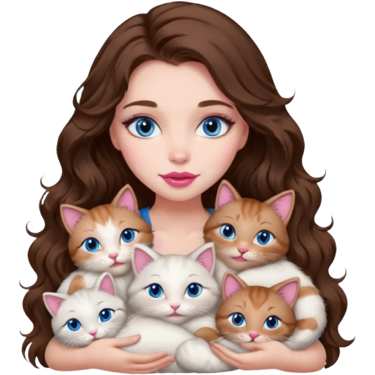 girl with long wavy brown hair, blue eyes, long lashes makeup, sexy pink lips, cuddling with 6 cats emoji