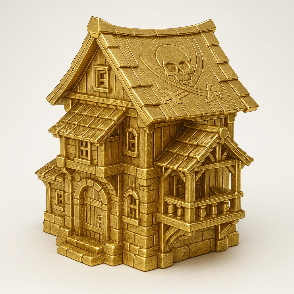 old pirate's house with skull flag emoji