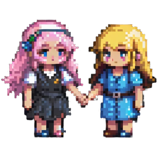 two pixel art characters holding hands, blushing, cute, safe for work emoji