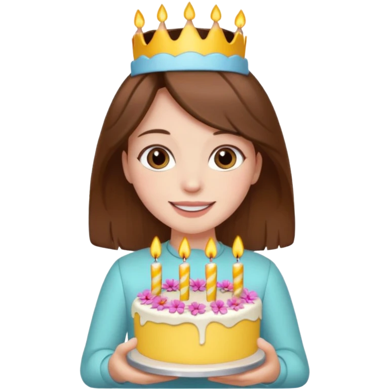 Hippie with a birthday cake girl with brown hair and white skin emoji