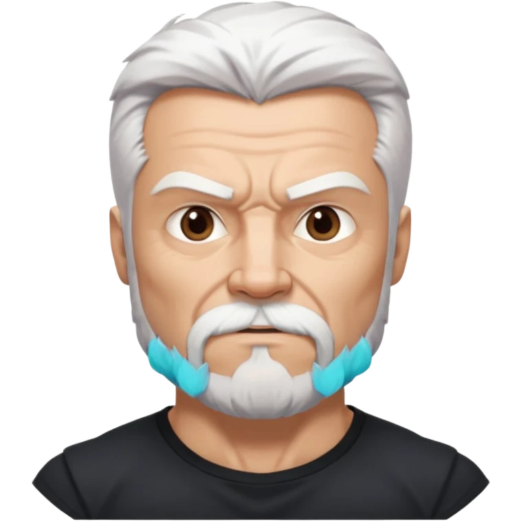 White haired muscled adult man with a black t-shirt. He has white beard and a long goatee. Dark brown eyes and some wrinkles. Attractive, Wolverine vibes. Not too old. emoji