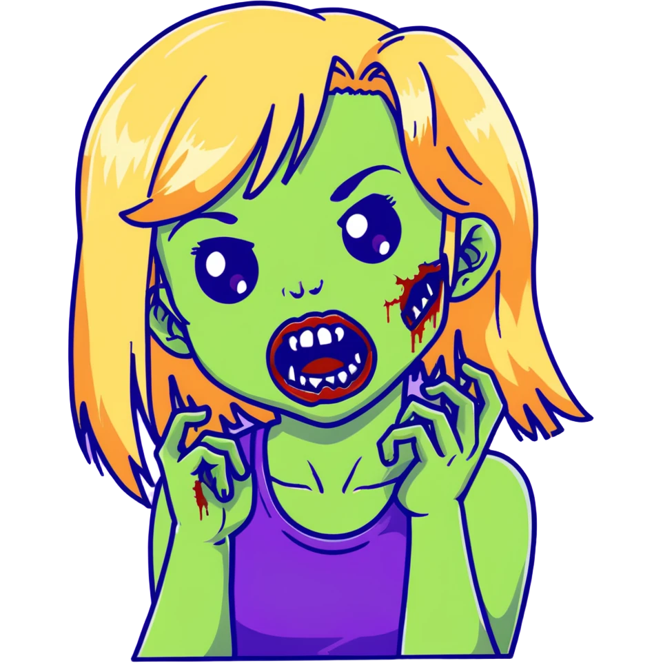 Zombie girl with green skin, purple bruises, gaping mouth, blonde long hair with bangs emoji