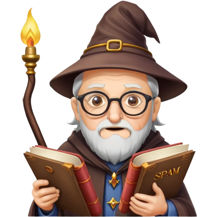 an old man wizard with glasses and SPAM meat books  emoji