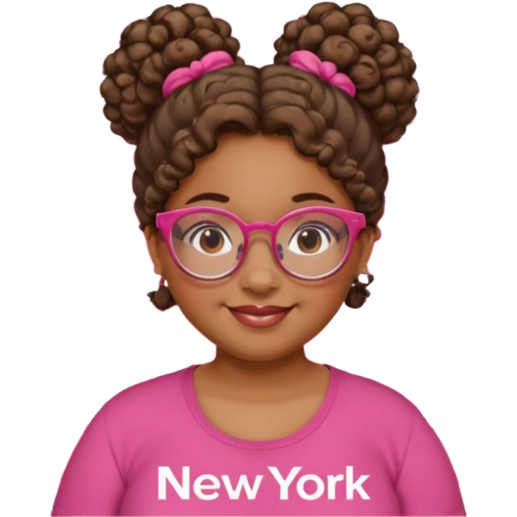Girl, fat, clear glasses, curly hair in bun, brown skin, pink shirt with red text that says "New York," smiling  emoji