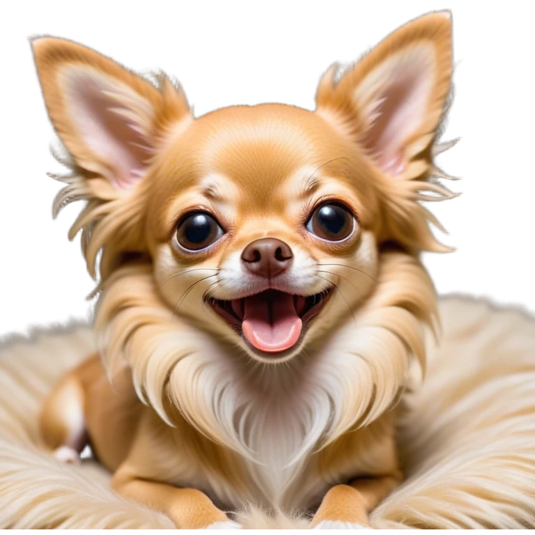 Cinematic Cute Yawning Long Haired Fawn Chihuahua Portrait Emoji, Head tilted slightly with a dramatic, wide-open yawn, flowing long fawn hair with delicate highlights, floppy ears slightly drooping, round dark eyes barely open in drowsy contentment, Simplified yet irresistibly adorable features, highly detailed, glowing with a soft, cozy glow, high shine, relaxed yet expressive, stylized with a touch of whimsy, bright and endearing, soft glowing outline, capturing the essence of a sleepy yet affectionate companion, so drowsy it feels like it could stretch right out of the screen and curl up for a nap! emoji