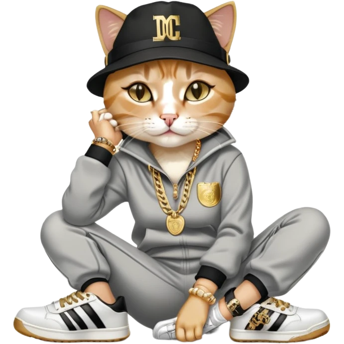 female cat lying horizontally on the ground, crying, dressed like Run DMC with tracksuit, fedora, Adidas shoes, lots of gold chains, rings, bracelets, earrings, no sunglasses emoji