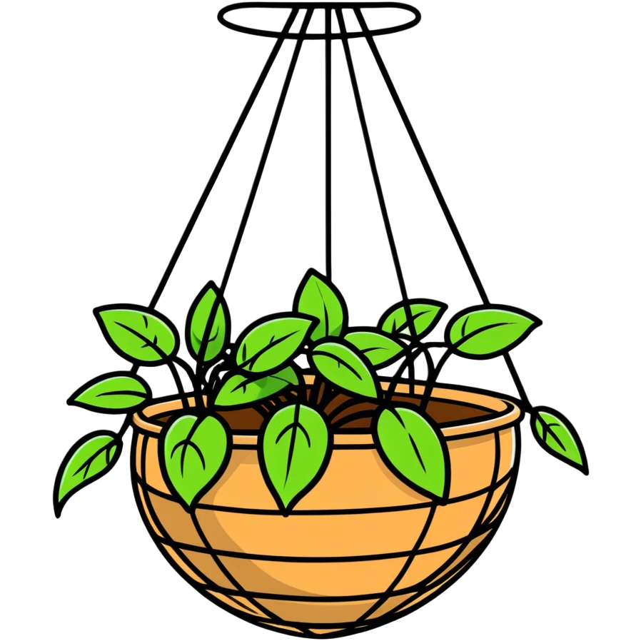 Plectranthus Verticillatus creeping charlie plant with trailing vines and large round coin-shaped leaves in a coconut fiber hanging basket emoji