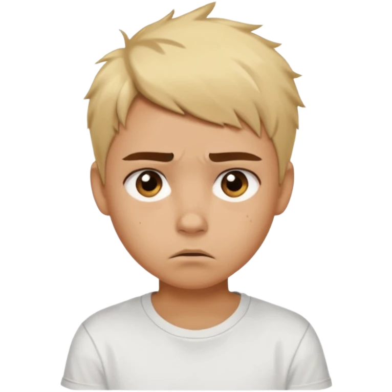 caramel skin color. Teen age. Short buzz, messy blonde hair, dark brown bushy eyebrows large expressive golden-brown eyes, brown skin color, scar over nose, wearing a plain white t-shirt. Disappointed thinking facial expression. caramel skin color emoji